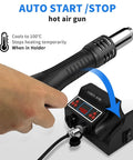 Person holding 8118 hot air gun from Soldering Station Kit With 8118 Hot Air Gun 2 Rolls Solder Wire 5 Tips Stand Desoldering Pump And Curved Tweezers For Easy Electronics Rework And Quick Fixes, showing temperature control display.