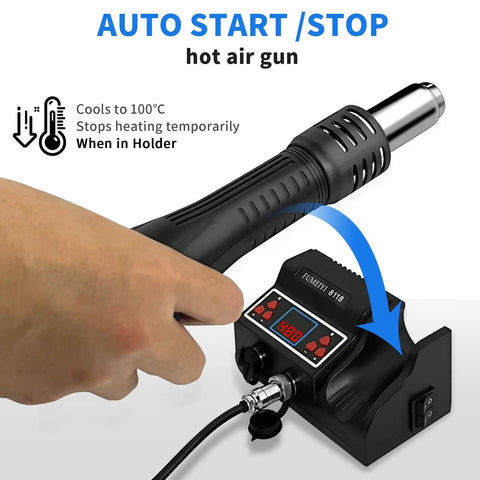 Person holding 8118 hot air gun from Soldering Station Kit With 8118 Hot Air Gun 2 Rolls Solder Wire 5 Tips Stand Desoldering Pump And Curved Tweezers For Easy Electronics Rework And Quick Fixes, showing temperature control display.