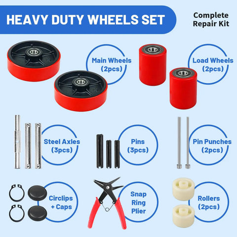 Heavy Duty Pallet Jack Wheels Replacement Kit With Pair Of Seven Inch Steering And Three Inch Load Rollers Red Polyurethane Finish Includes All Necessary Axles And Installation Tools To Knock Out Worn Parts And Get Your Rig Rolling Smooth Again