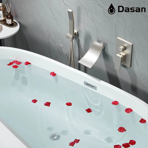 Bathroom with Wall Mounted Tub Filler Faucet With Hand Shower In Brushed Nickel, Waterfall Bathtub Faucet, High Flow Rough In Valve