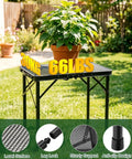 2 Foot Folding Table With Carry Handle For Camping And Outdoor Grill Table, Adjustable Height From 10.6 To 22 Inches, Black Metal Mesh Surface, Ultra Portable And Compact, 23.6 By 15.8 Inch, Weighs 4 Lb, 66 Lb Capacity, shown in garden with plant and weight text.