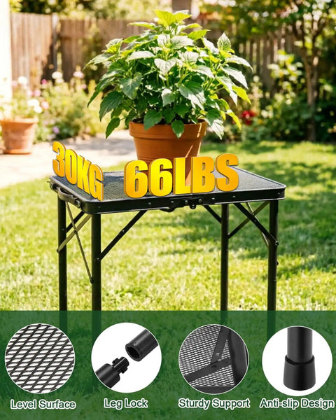2 Foot Folding Table With Carry Handle For Camping And Outdoor Grill Table, Adjustable Height From 10.6 To 22 Inches, Black Metal Mesh Surface, Ultra Portable And Compact, 23.6 By 15.8 Inch, Weighs 4 Lb, 66 Lb Capacity, shown in garden with plant and weight text.