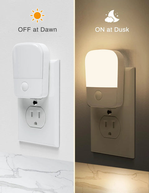 Two Pack Plug In Night Light With Dusk To Dawn Sensor Auto On Off 3000K Soft Warm Glow 30 And 60LM Adjustable Brightness demo