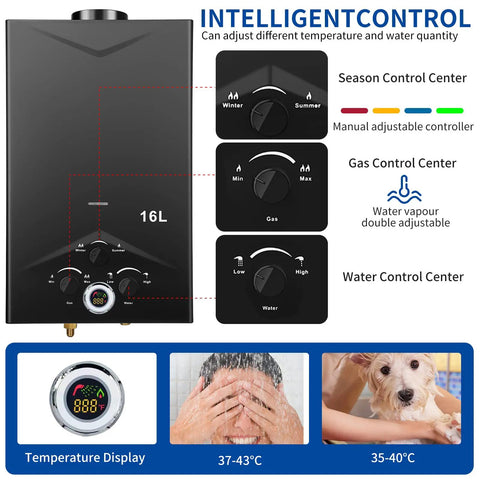 Portable Tankless Water Heater 4.21 GPM Outdoor Propane Gas On Demand With Digital Display and control knobs