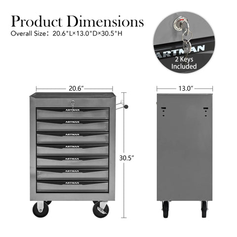 21 Inch Lockable Rolling Tool Chest With Tough As Nails Steel Build And Smooth Ball Bearing Slides Parking Brake Casters For Easy Shop Hopping Sturdy Utility Cabinet For Any Garage Project In Classic Silver with dimensions 20.6"L x 13.0"D x 30.5"H.