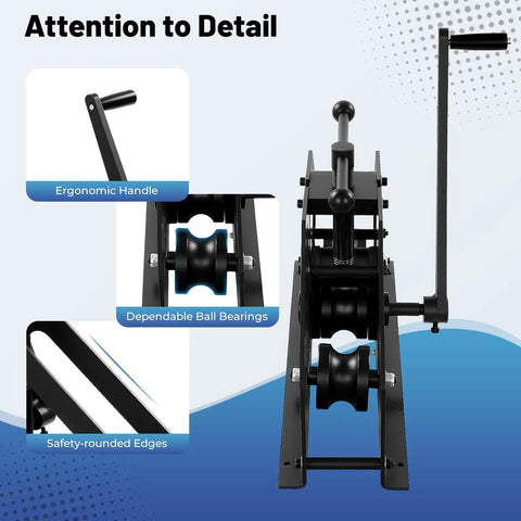 Close-up of GQWQNIO TR-60 Steel Tube Roller Bender featuring ergonomic handle, dependable ball bearings, and safety-rounded edges.