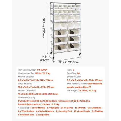 8-Tier Rolling Bin Rack With 26 PP Bins On Sturdy Steel Frame For Your Garage, Shop, Office Or Kitchen Organization shown