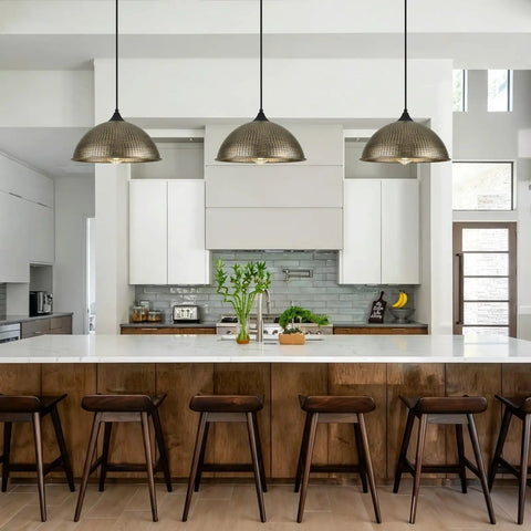 MIAYBPH Pendant Lights Kitchen Island, 12" Antique Bronze Dome Pendant Light Fixture above modern kitchen island with wooden stools.