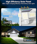SZPOWER 6000LM Motion Sensor Outdoor Lights,4 Heads 3 Modes Solar Flood Lights Outdoor illuminated yard at night with a house.