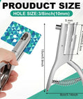 Heavy Duty Hole Punch With Long Reach And Deep Throat For Easy Low Effort Punching Three Eighth Inch Circular Hole Two Inch Throw Single One Hole Puncher Handheld Alloy Punch For ID PVC Cards 25 Sheet Capacity Five Inch Tall, showing dimensions and hole size.