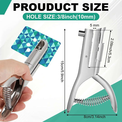 Heavy Duty Hole Punch With Long Reach And Deep Throat For Easy Low Effort Punching Three Eighth Inch Circular Hole Two Inch Throw Single One Hole Puncher Handheld Alloy Punch For ID PVC Cards 25 Sheet Capacity Five Inch Tall, showing dimensions and hole size.