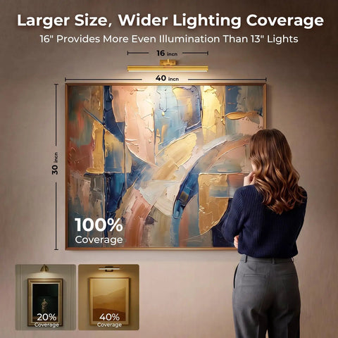 Woman admiring artwork illuminated by Gold Wireless Picture Lights For Wall Art 2 Pack Rechargeable Wall Spots With Led Battery Screen Dimmable Gallery Bulbs.