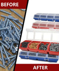 Before and after of screws organized in Four Piece Screw And Nail Organizer Set With Lids, Stackable Plastic Divided Storage Bins