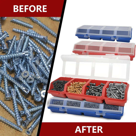 Before and after of screws organized in Four Piece Screw And Nail Organizer Set With Lids, Stackable Plastic Divided Storage Bins
