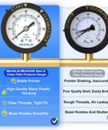 Comparison of Start and Clean Filter Pressure Gauge for Pool, Spa, Aquarium Pros and DIYers, Two Inch Dial, showing features.