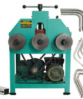 110V Electric Pipe Bender Machine For Round And Square Steel Tubing 2HP Metal Rolling Tool With 17 Dies, showing three rollers and metal tubing.