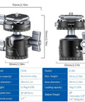 Diagram of Arca QR Ball Head For Tripods And Sliders With One Quarter Inch And Three Eighths Inch Threads 360 Degree Pan features.