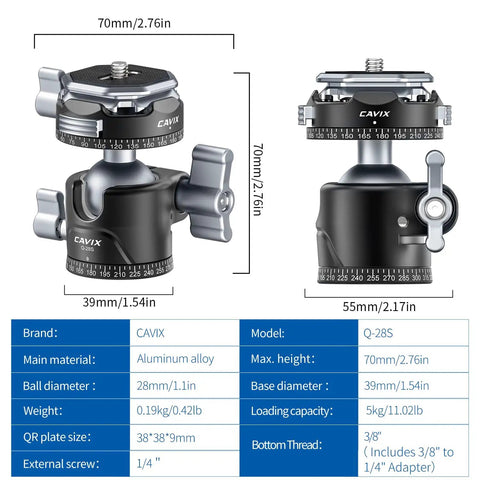 Diagram of Arca QR Ball Head For Tripods And Sliders With One Quarter Inch And Three Eighths Inch Threads 360 Degree Pan features.
