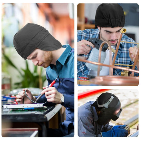 Men wearing 2 Pack Welding Caps For Men Washable Flame Resistant Cotton Welder Hats With Low Crown Elastic Fit in black and gray