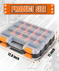 Heavy Duty Tool Box With Clear Lid Dual Side 34 Compartment Organizer Removable Dividers For Hardware Screws Bolts Nails Beads Jewelry And Fishing Gear Orange 2 Pack product size display.