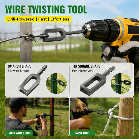 Super Heavy Duty Electric Drill Wire Twister Attachment For Fencing And Rebar Tying with arch and square shapes for different wire sizes.