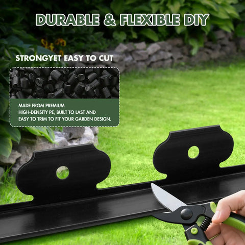 Person cutting plastic border in 1.5 Inch Tall Garden Edging Kit With 40 Ft Flexible Landscape Coil And 40 Spikes DIY install