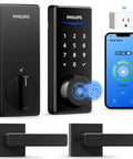 Top Shelf Matte Black Wifi Smart Lock With Fingerprint Keyless Entry And Lever Handles No Sweat Setup Auto Lock Remote App Control Works With Alexa For Front Or Back Door Security with touchscreen and lever handles.