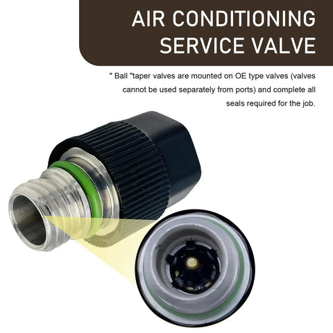 Air conditioning service valve from Complete 16 Piece Air Conditioning Valve Core Kit With Caps, Valve Stems, And R134A Cores For Car Air Conditioning Repair, High And Low Pressure Service Port Caps, Seals, And Practical Tool Set For Easy Maintenance with detailed insert showing internal features.