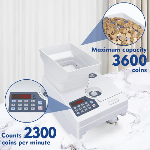 Heavy Duty Coin Counter And Auto Sorter With Killer Capacity Plug And Play Simple Setup Bank Grade Cash Management For US Canadian Mexican Foreign Coins No Sweat Operation With Full Two Year Warranty showing 3600 coin capacity and 2300 CPM display.
