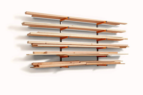 Wood Organizer And Lumber Storage Metal Rack With Six Level Wall Mount For Indoor And Outdoor Use, installed with lumber