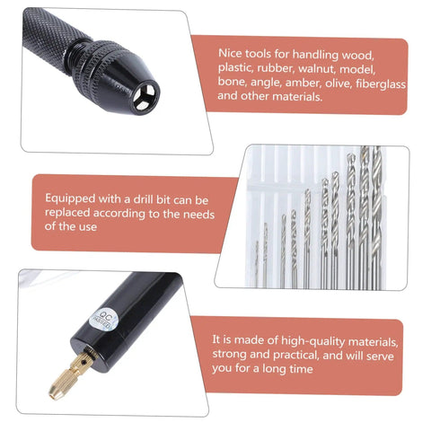 DIY Drilling Kit With Handmade Twist Drill Bits For Jewelry Making And PCB Projects, showing detailed components and usage text.