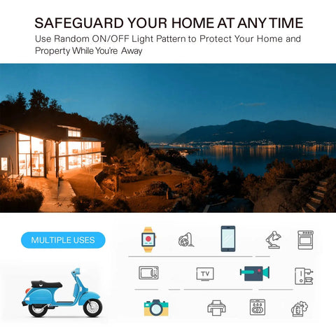 Night view with Dual Outlet 7 Day Programmable Digital Timer illustrations for lamps, fans, heaters, humidifiers, and aquariums.