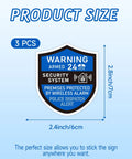 Image of a 3 Pack Home Security Alarm Signs Weatherproof Self Adhesive 24 Hour Warning Stickers measuring 2.8 by 2.4 inches.