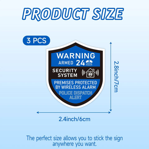 Image of a 3 Pack Home Security Alarm Signs Weatherproof Self Adhesive 24 Hour Warning Stickers measuring 2.8 by 2.4 inches.