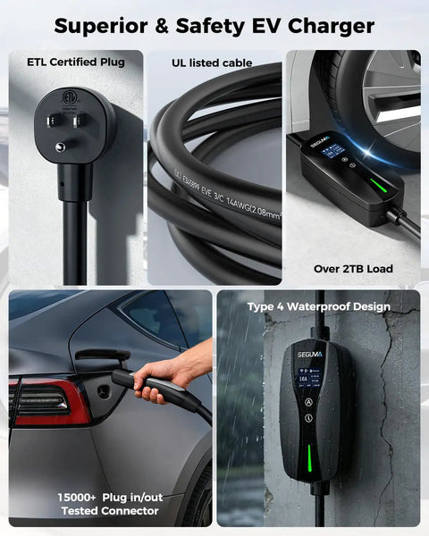 Dual Voltage EV Charger For Tesla With App, Level 1 And Level 2 Portable Charger; 25 ft cord, ETL certified plug, waterproof design