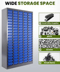 Beefed Up 100 Drawer Grey Parts Cabinet For Nuts Bolts Screws And Nails, Heavy Duty ABS Tool Storage Organizer, Industrial Grade Storage Cabinet For Workshop Garage Office with blue drawers
