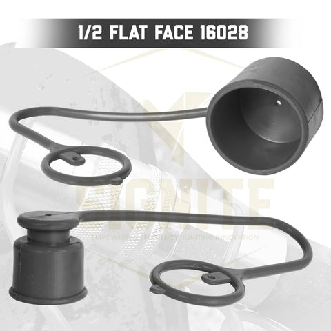 Two black plastic ISO 16028 dust caps and plug covers for 1/2 in skid-steer hydraulic couplers, front view