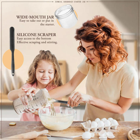 Mother and daughter using Sourdough Starter Kit 24 Oz With Date Marked Feeding Band Thermometer Cloth Cover And Metal Lid Reusable Home Baking Supplies For Beginners And Pros At Home