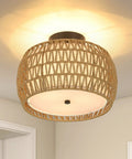 3 Light Boho Rattan Ceiling Light With Linen Fabric Shade Semi Flush Mount For Bedroom Kitchen Foyer And Hallway Handwoven Rattan Fixture That Softens Light For A Cozy Boho Farmhouse Vibe