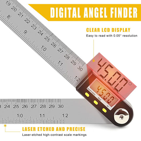 Killer Accuracy 12 Inch Digital Angle Finder And Stainless Steel Protractor For Woodworking And Carpentry, LCD display reading 45 degrees.