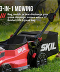 Top Shelf 40V Brushless Self Propelled Lawn Mower With 20 Inch Cutting Deck And Smart Caddy Storage close-up with grass collection bag.