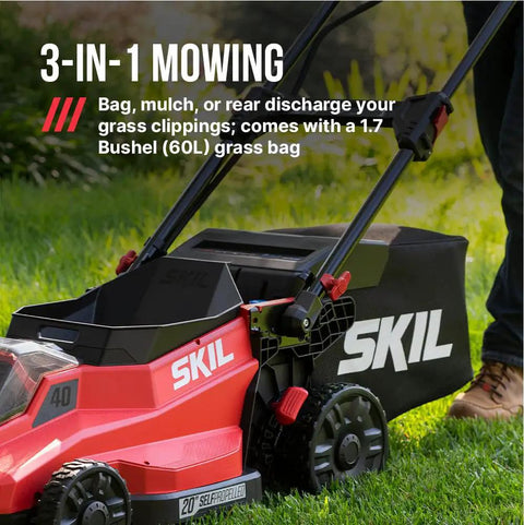 Top Shelf 40V Brushless Self Propelled Lawn Mower With 20 Inch Cutting Deck And Smart Caddy Storage close-up with grass collection bag.