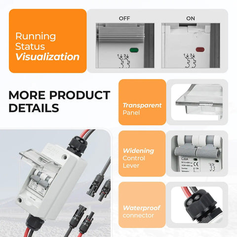 Detailed view of Solar Panel Disconnect Switch 400V DC And AC 20A Mini Breaker with DIN rail enclosure, showing waterproof connectors and control lever.