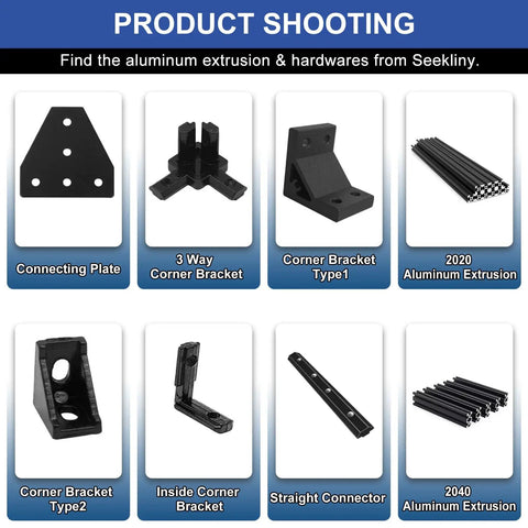 Image of various brackets, connectors, and extrusions for framing projects including 2020 and 2040 aluminum extrusions.