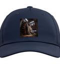 Navy Blue Industrial Gear Abandoned Factory Adjustable Structured Five Panel Baseball Hat With High Profile Crown One Size Fits Most Adults showing front view with logo.