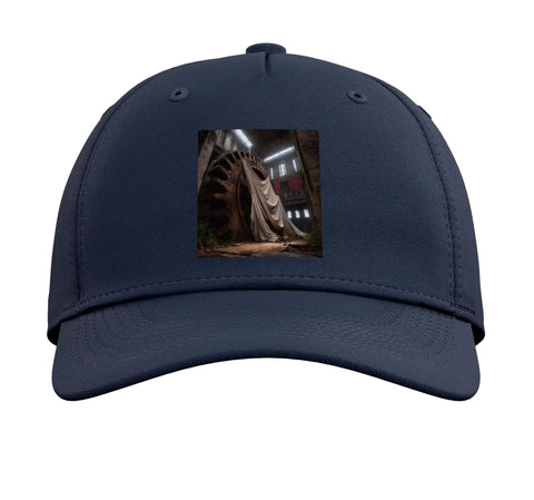 Navy Blue Industrial Gear Abandoned Factory Adjustable Structured Five Panel Baseball Hat With High Profile Crown One Size Fits Most Adults showing front view with logo.