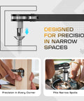 90 Degree Offset Right Angle Screwdriver With Ratcheting Mechanism Handy Pocket Size Mini Low Profile For Tight Spaces EDC Gear Tool For Men DIY Enthusiasts Stocking Stuffers shown fitting screws in narrow spaces.