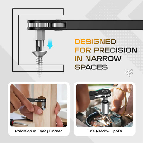 90 Degree Offset Right Angle Screwdriver With Ratcheting Mechanism Handy Pocket Size Mini Low Profile For Tight Spaces EDC Gear Tool For Men DIY Enthusiasts Stocking Stuffers shown fitting screws in narrow spaces.