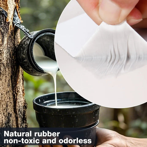 Natural rubber being extracted from tree and white waterproof roof seal tape shown in close-up view.