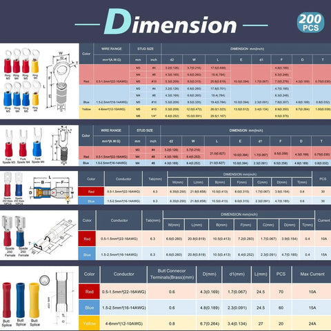 Dimension chart for Insulated Crimp Wire Connector Terminal Kit 200 PC Assortment with various sizes and terminal types.